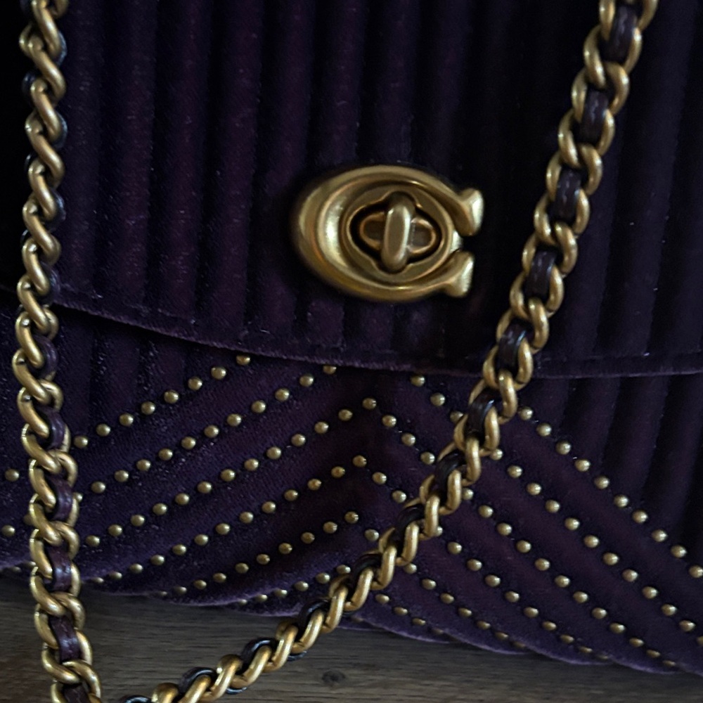 Coach Purple Velvet Quilted Crossbody with Gold Chain - Picture 4 of 12